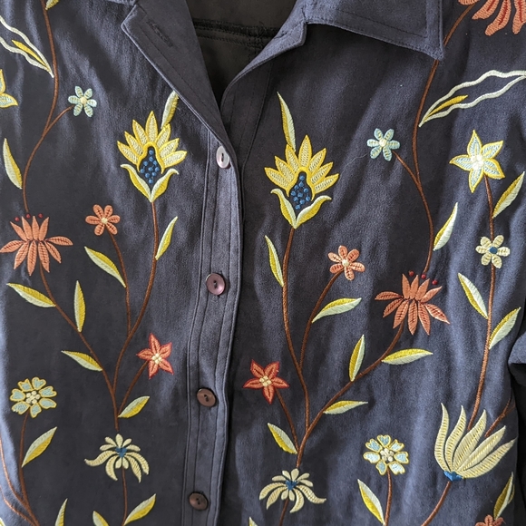 Susan Graver Shirt Jacket Navy Blue Floral Embroidered Button Down Soft Orange - Picture 4 of 5